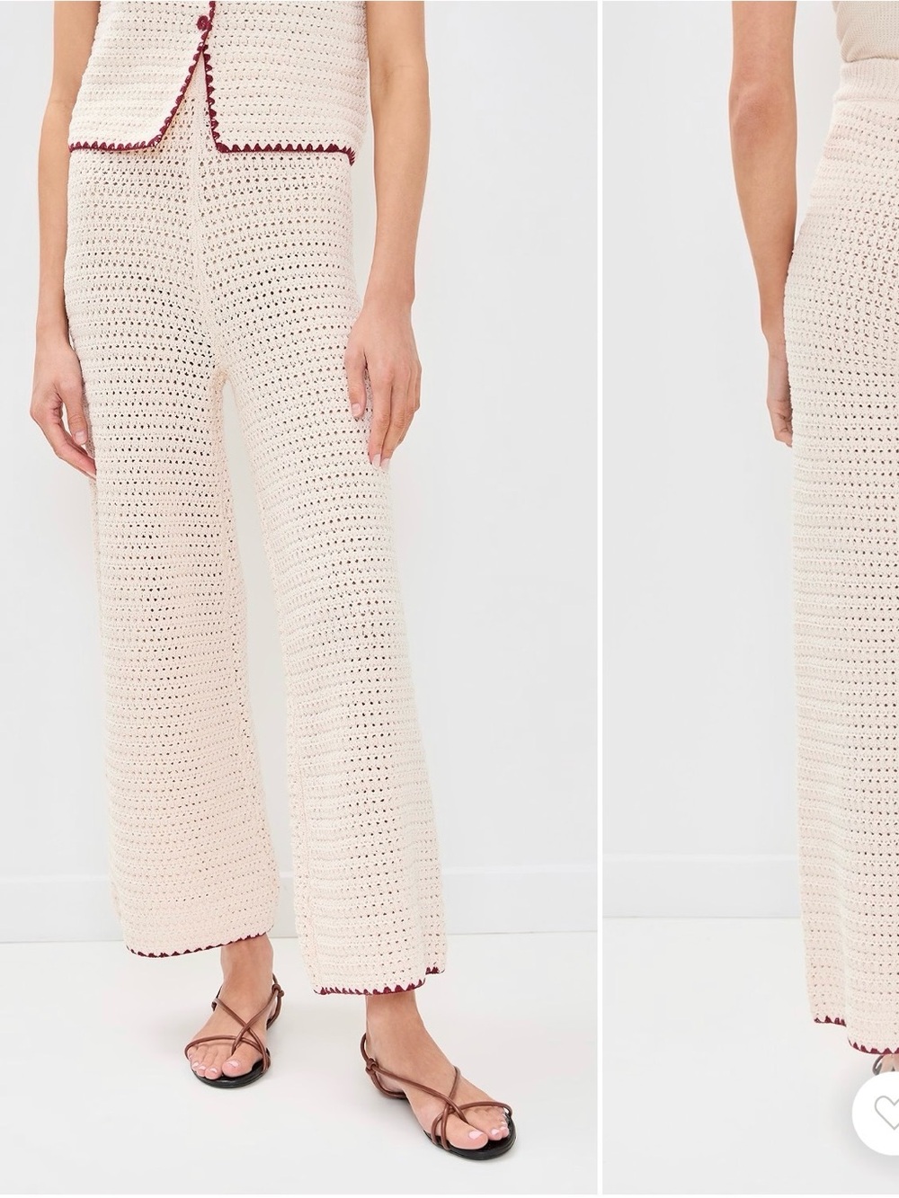 Crocheted Wide-Leg Pants in Cream with Burgundy Trim